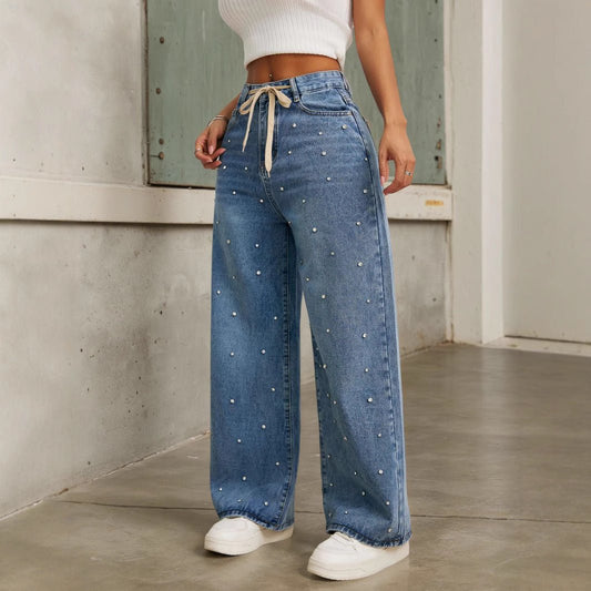 Wide Leg Pants: High Waist Loose Straight | Lovelys - Blue - XS | lovelys