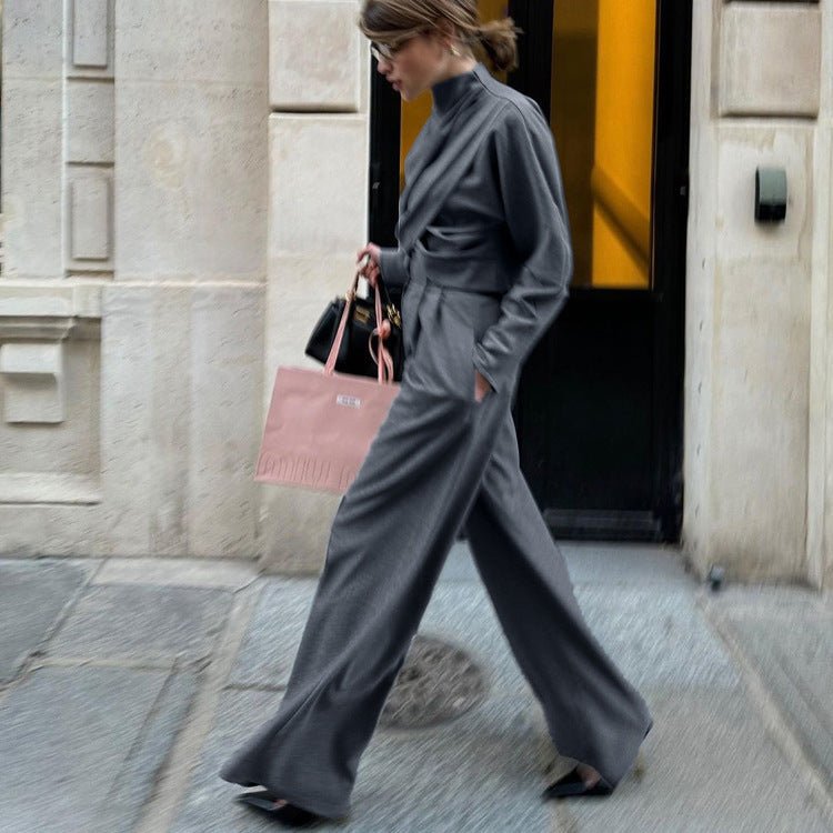 Two - Piece Set: Turtleneck Top Wide Leg Pants | Lovelys - Gray - S | lovelys