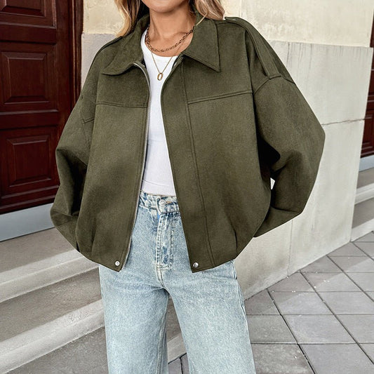 Lovelysboutique baggy casual jacket loose fit zipper army green women's outerwear