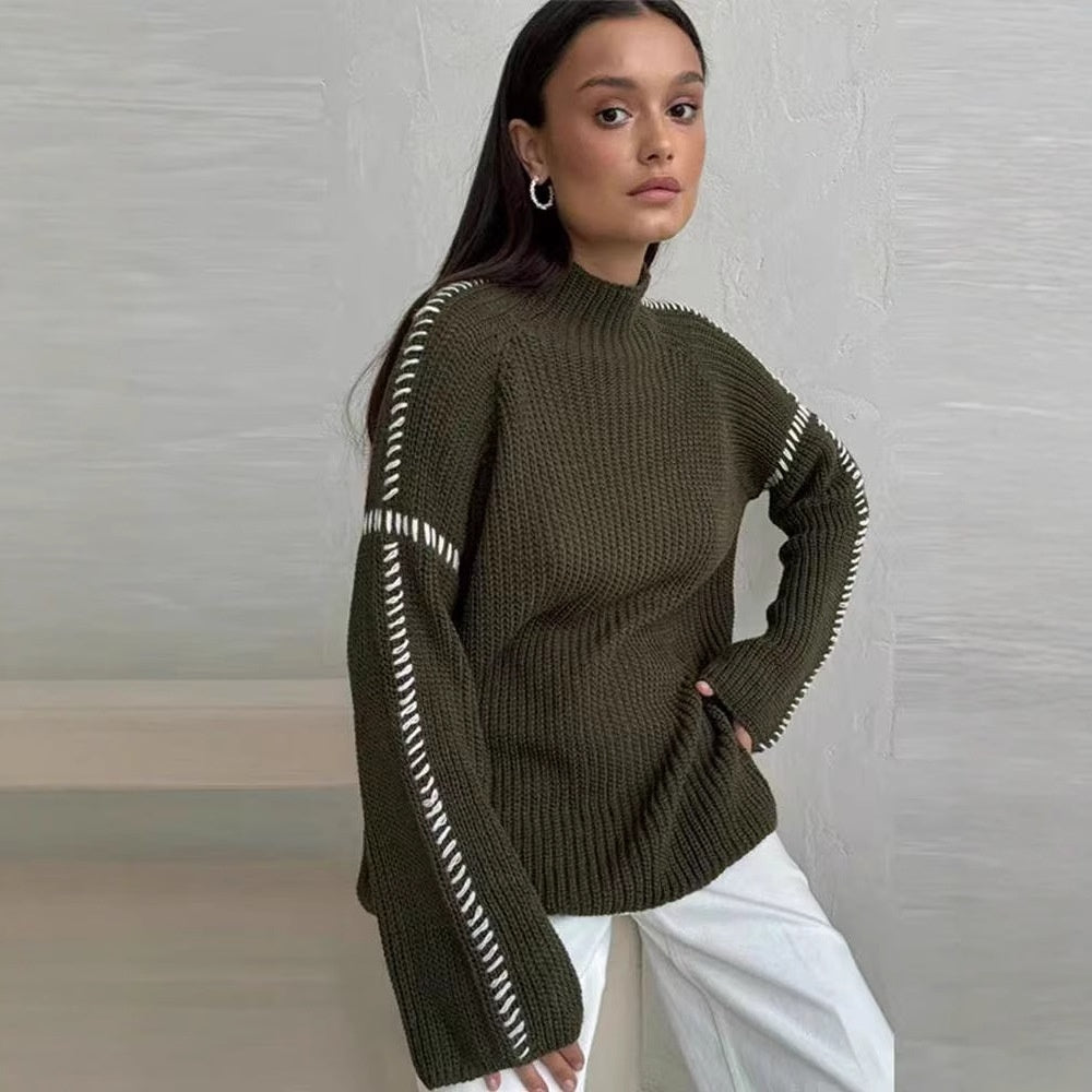 Women's patchwork sweater lovelysboutique knit color contrast polyester streetwear