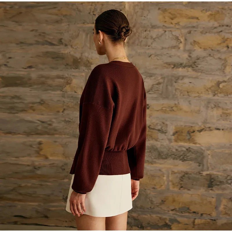 Wine red v-neck sweater lovelysboutique gold button knit elegant women's refined side view