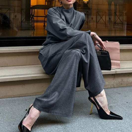 Two - Piece Set: Turtleneck Top Wide Leg Pants | Lovelys - Gray - S | lovelys