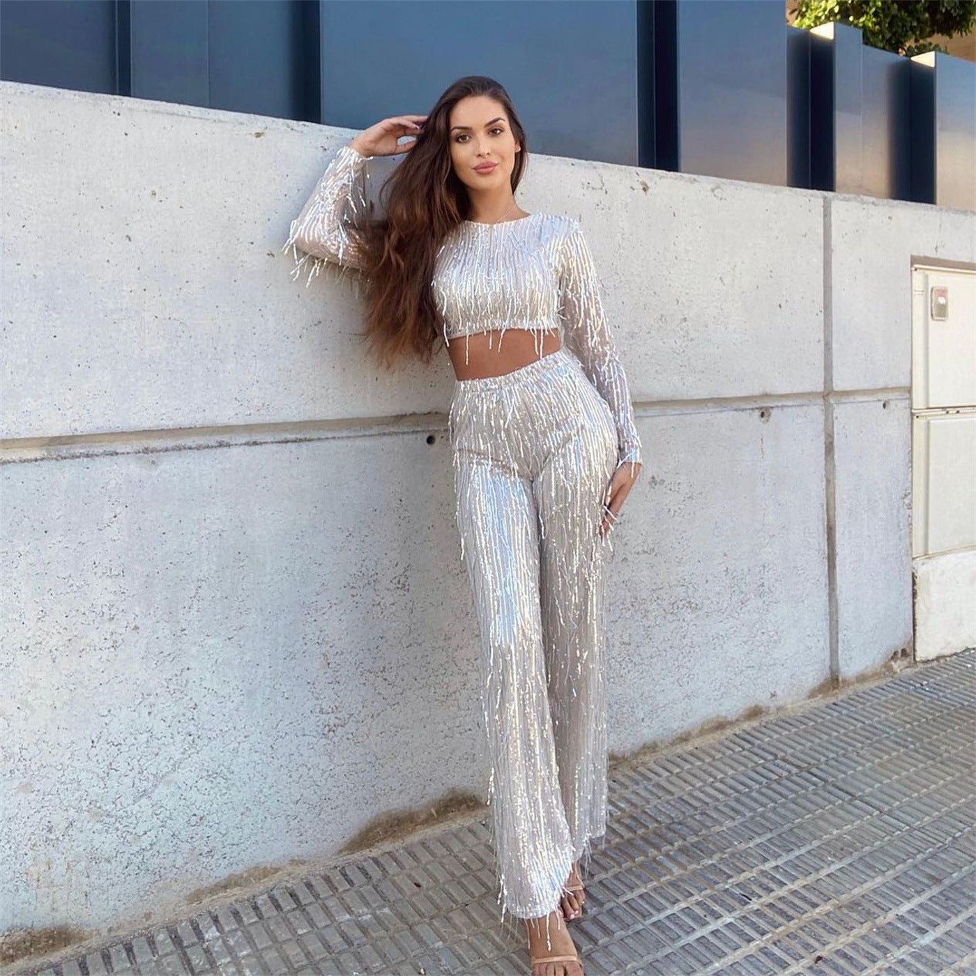 Sequin Vest Pants Suit: Round Neck Single - Breasted | Lovelys - White - S | lovelys