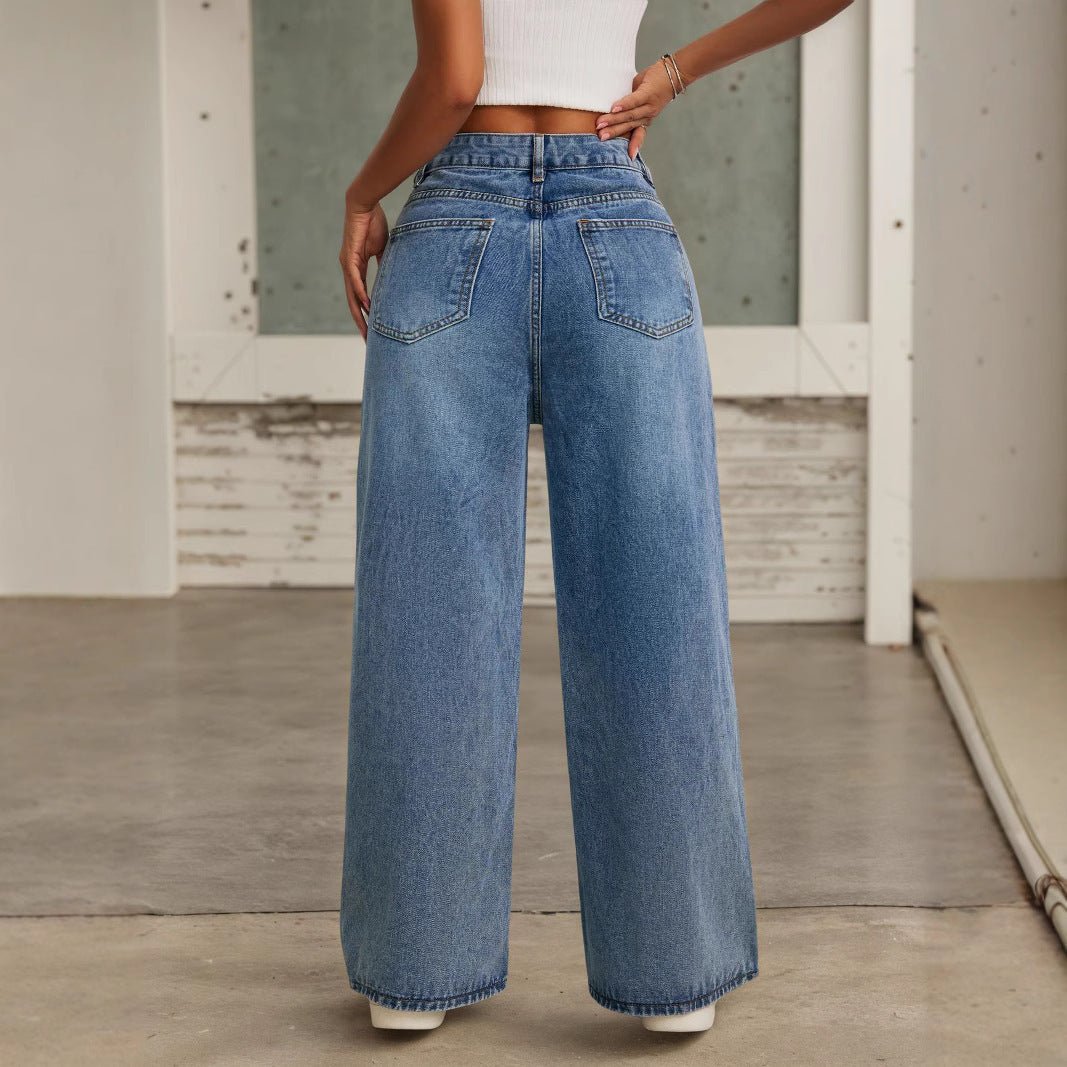 Wide Leg Pants: High Waist Loose Straight | Lovelys - Blue - XS | lovelys