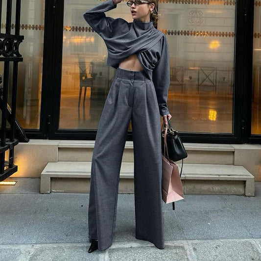 Two - Piece Set: Turtleneck Top Wide Leg Pants | Lovelys - Gray - S | lovelys
