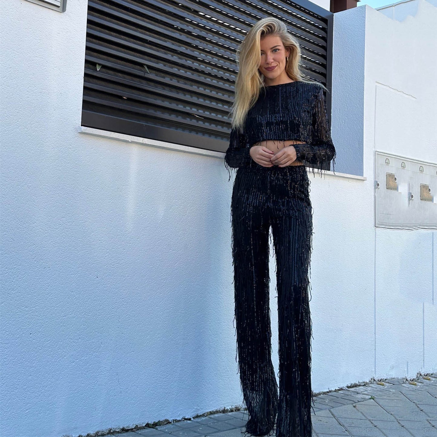 Sequin Vest Pants Suit: Round Neck Single - Breasted | Lovelys - Black - S | lovelys