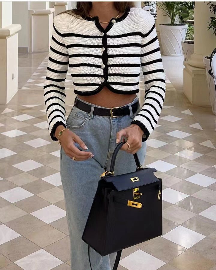Women's buckle cardigan lovelysboutique striped sweater casual streetwear white
