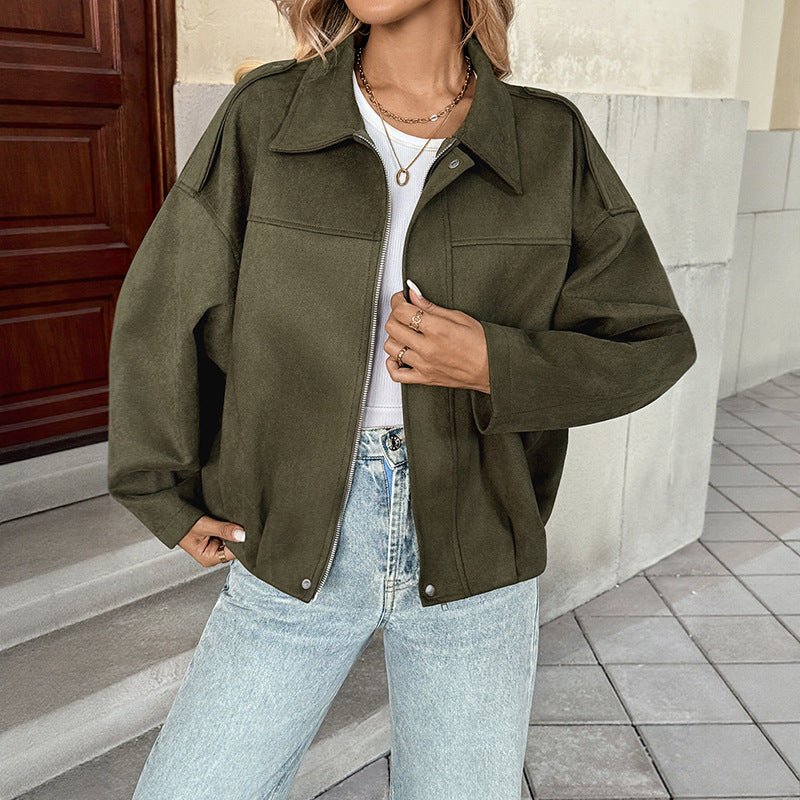 Baggy Casual Jacket: Loose Fit Zipper | Lovelys - Army Green - S | lovelys