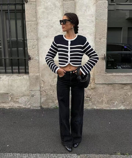 Women's striped cardigan lovelysboutique buckle detail polyester spandex casual
