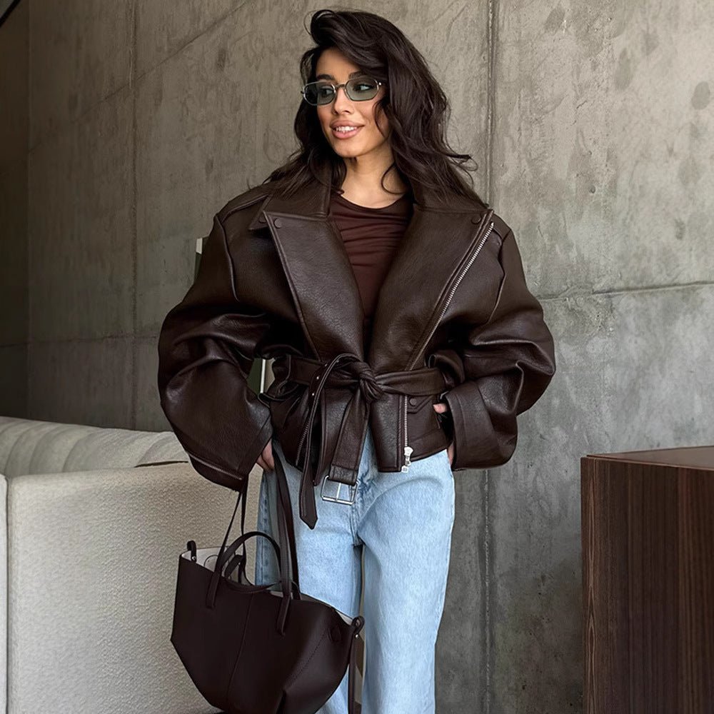 Leather Coat: Short Lace - Up Style | Lovelys - Brown - S | lovelys