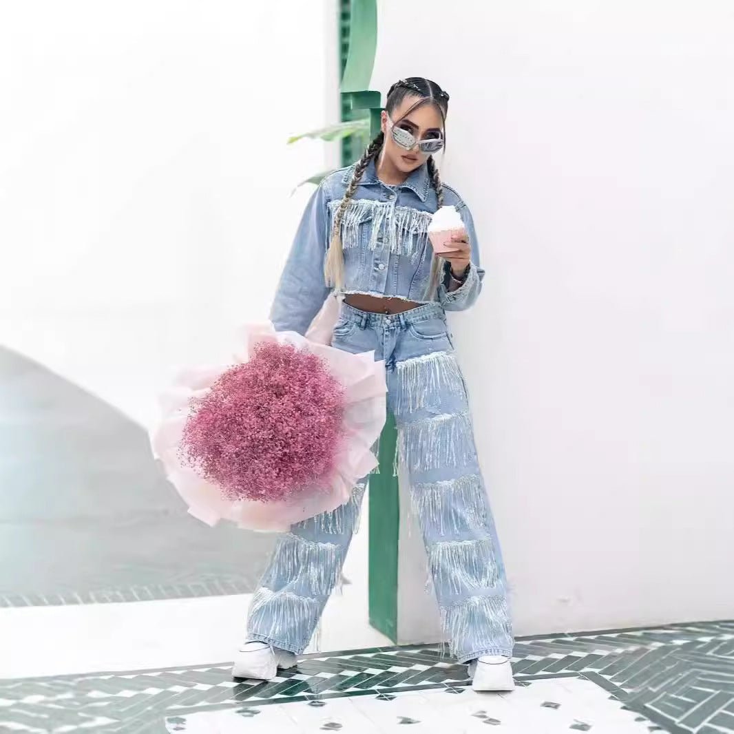 Straight Jeans: Sequined Tassel Design | Lovelys - Light Blue - S | lovelys