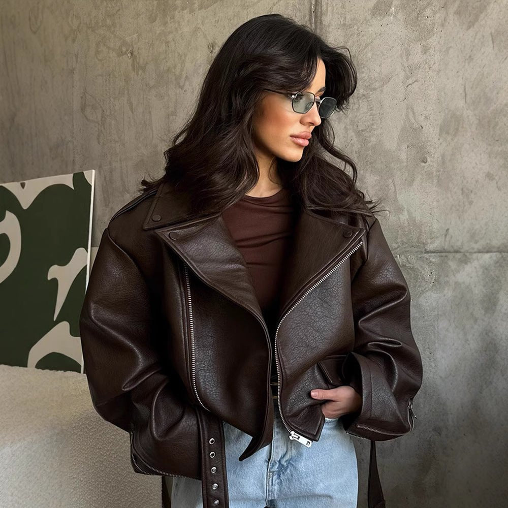 Leather Coat: Short Lace - Up Style | Lovelys - Brown - S | lovelys