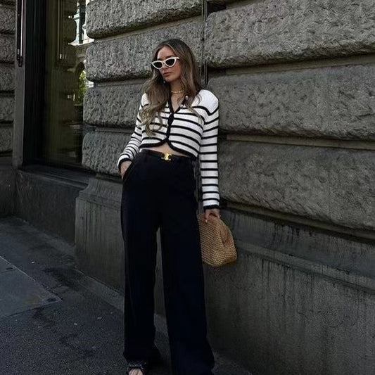 Lovelysboutique striped cardigan buckle detail white women's streetwear sweater
