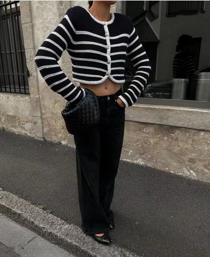 Buckle detail cardigan lovelysboutique striped round neck streetwear women
