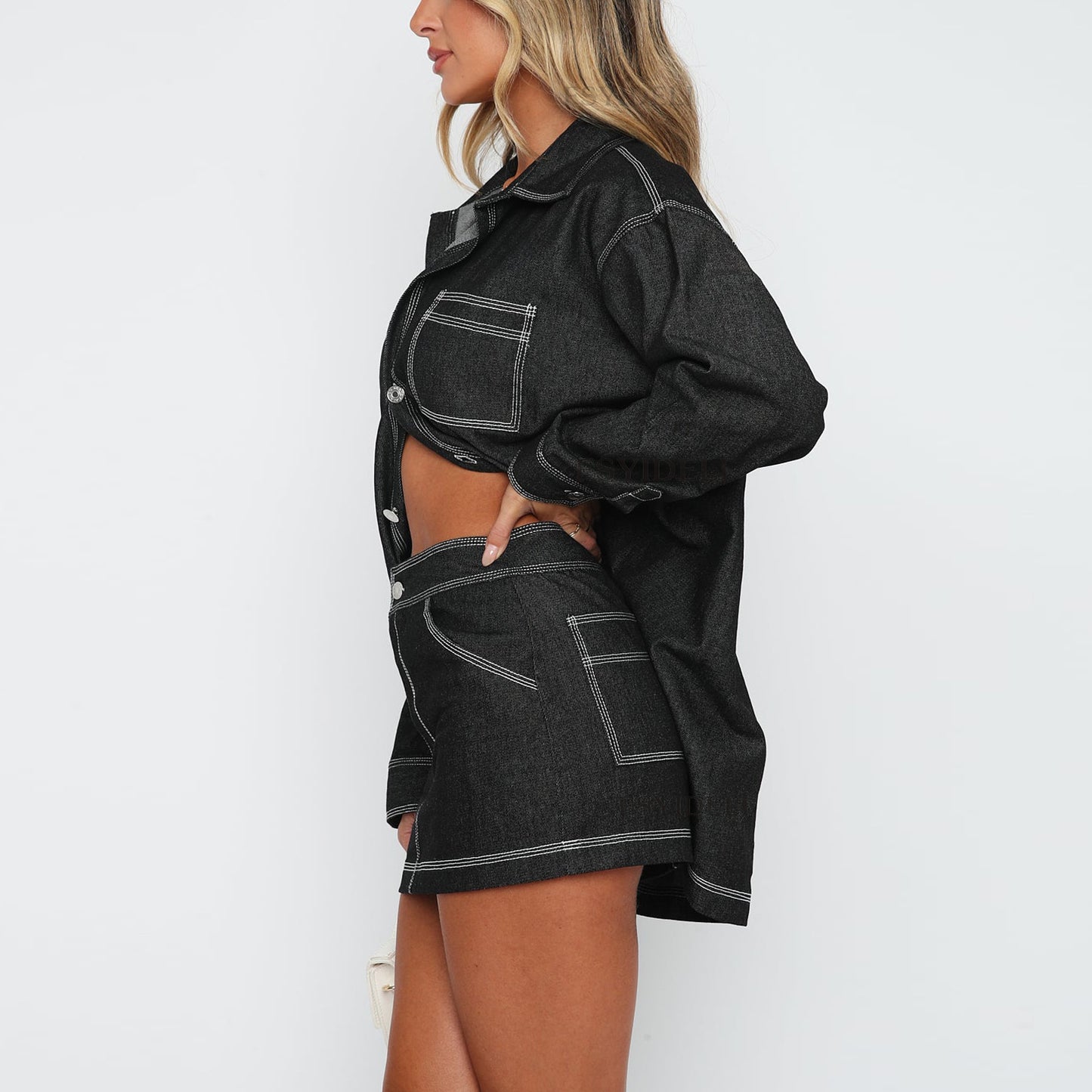 Retro Denim Two - Piece: Shirt Jacket Short Skirt | Lovelys - Black - S | lovelys