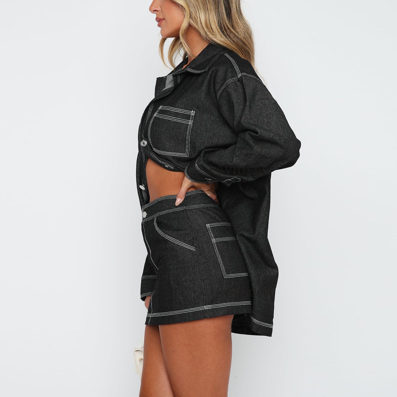 Retro Denim Two - Piece: Shirt Jacket Short Skirt | Lovelys - Black - S | lovelys
