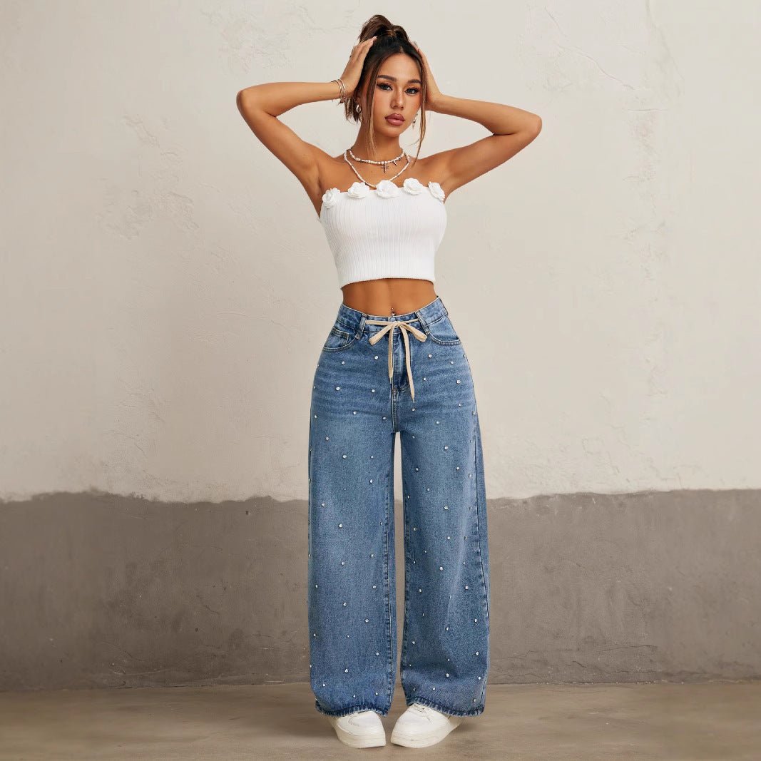 Wide Leg Pants: High Waist Loose Straight | Lovelys - Blue - XS | lovelys