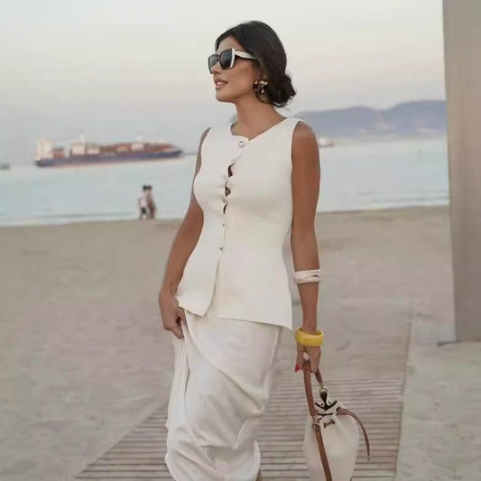 Lovelysboutique sleeveless knit top milky white slim fit elegant women's
