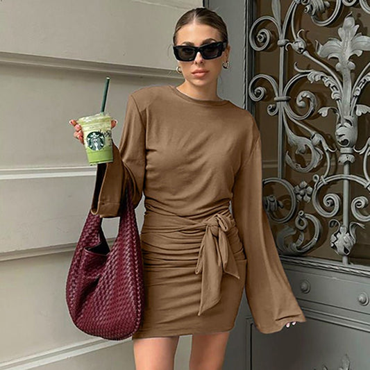 Lovelysboutique high waist lace-up dress khaki elegant long sleeve women's
