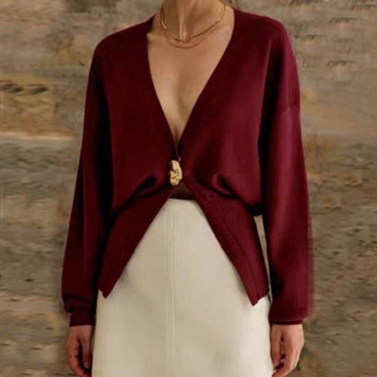 Wine red v-neck sweater lovelysboutique gold button knit elegant women's refined front view