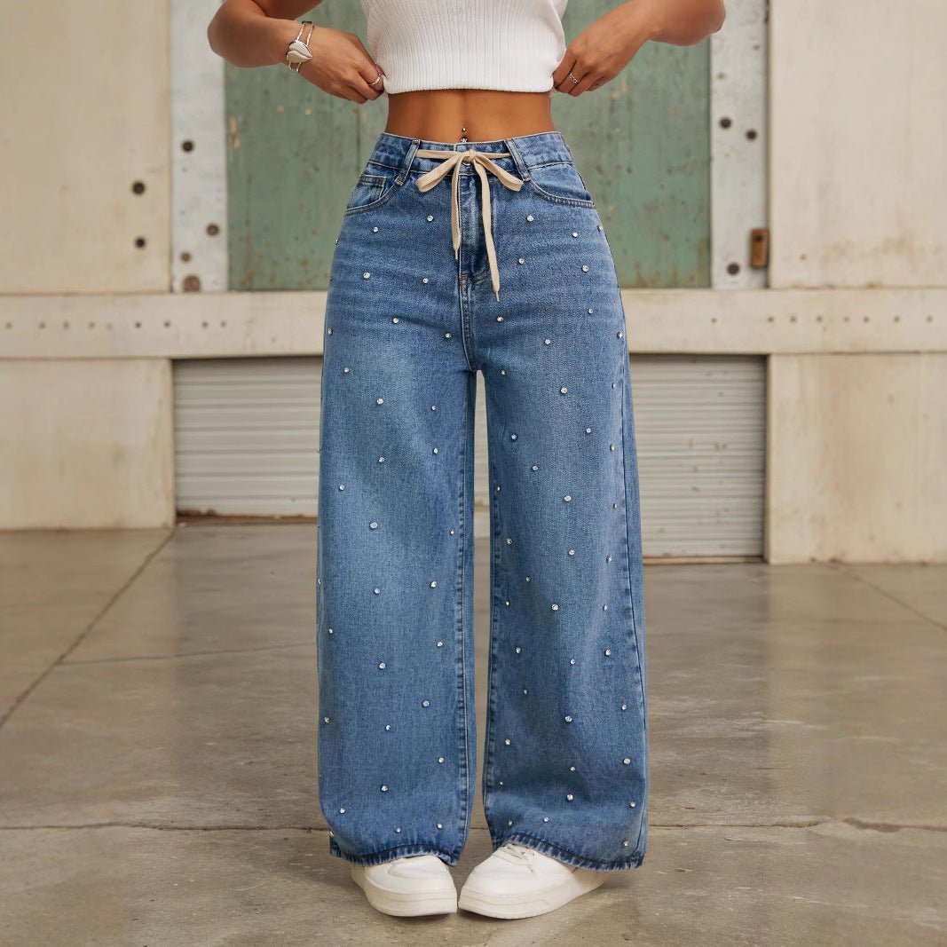 Wide Leg Pants: High Waist Loose Straight | Lovelys - Blue - XS | lovelys