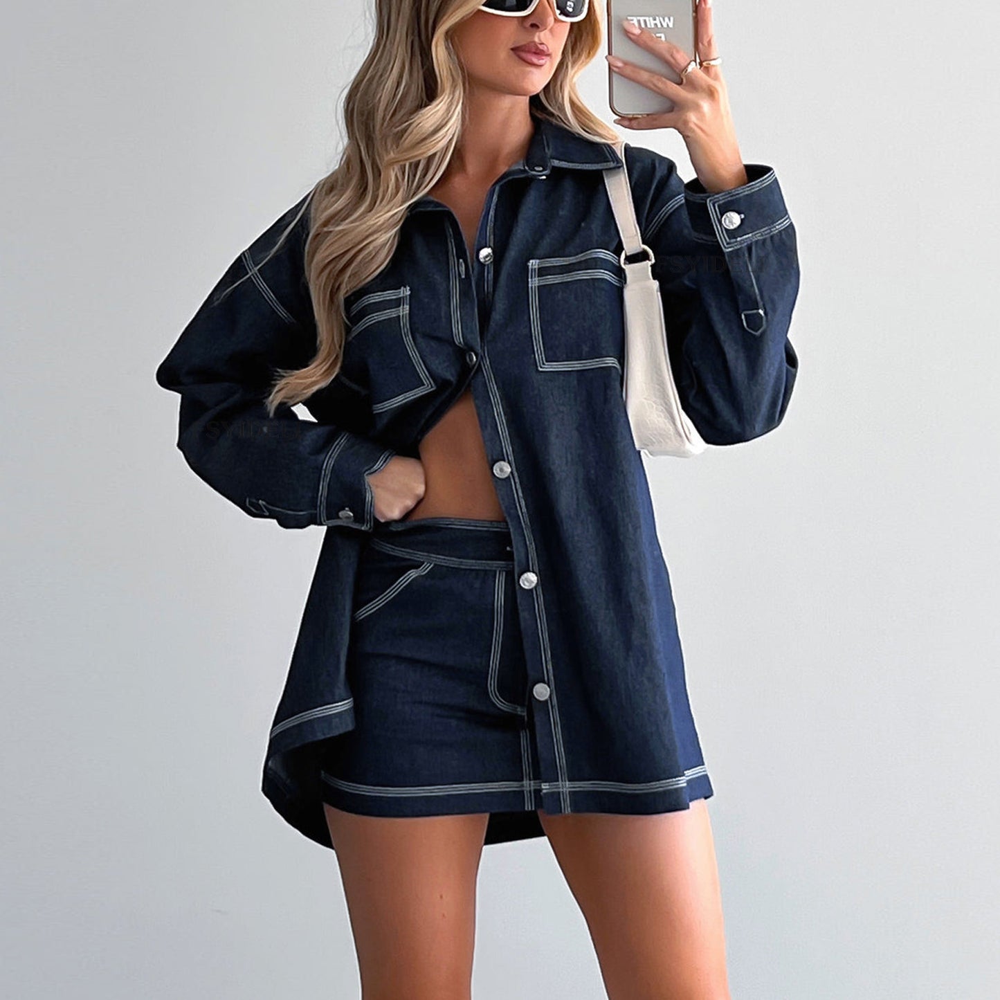 Retro Denim Two - Piece: Shirt Jacket Short Skirt | Lovelys - Blue - S | lovelys