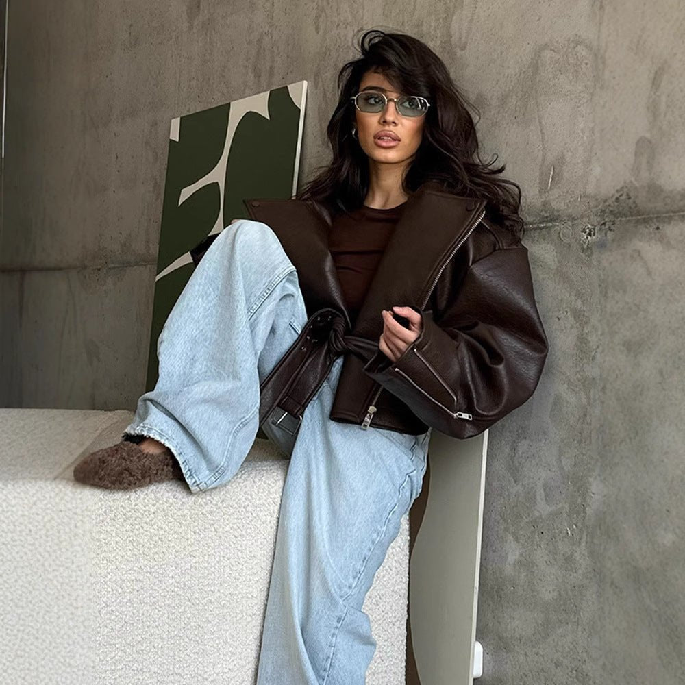 Leather Coat: Short Lace - Up Style | Lovelys - Brown - S | lovelys