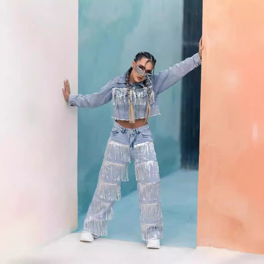 Straight Jeans: Sequined Tassel Design | Lovelys - Light Blue - S | lovelys