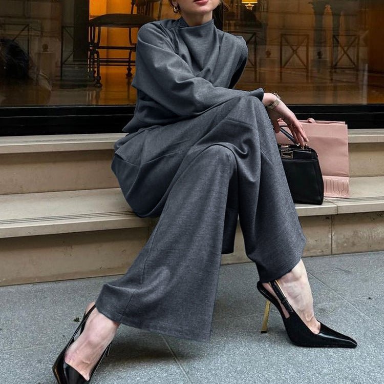Two - Piece Set: Turtleneck Top Wide Leg Pants | Lovelys - Gray - S | lovelys