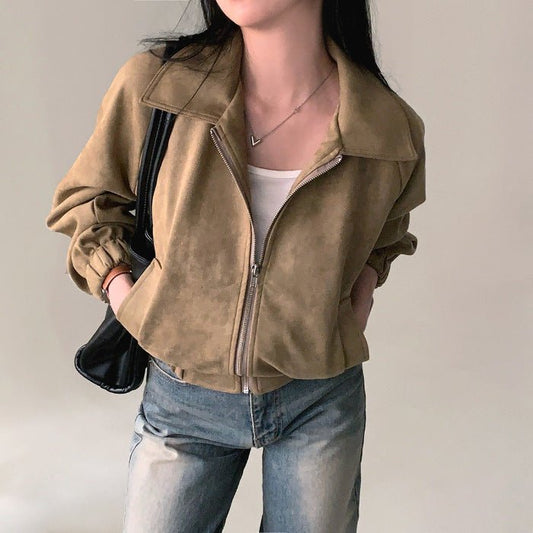 Lovelysboutique suede jacket khaki chenille street-style women's short fit
