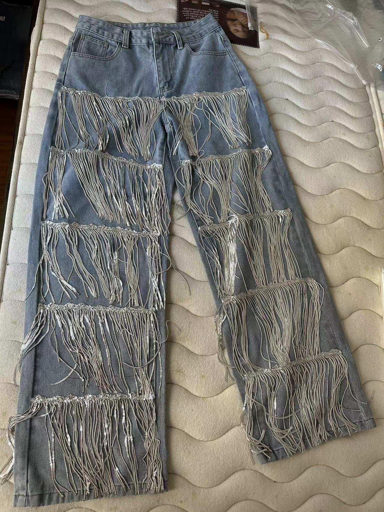 Straight Jeans: Sequined Tassel Design | Lovelys - Light Blue - S | lovelys