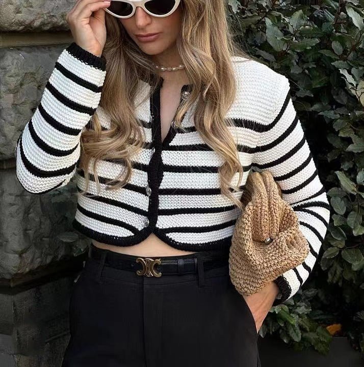 Lovelysboutique white striped sweater buckle cardigan casual women's layering
