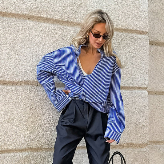 Lovelysboutique blue striped blouse elegant relaxed fit women's work
