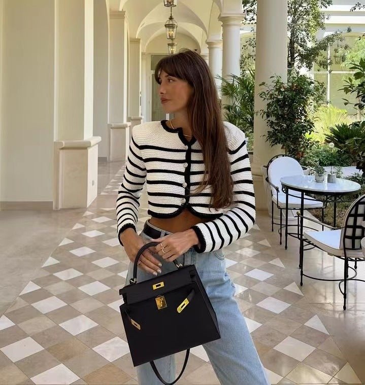 Lovelysboutique Striped Cardigan Buckle Detail Sweater - White 