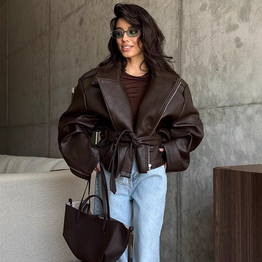 Leather Coat: Short Lace - Up Style | Lovelys - Brown - S | lovelys