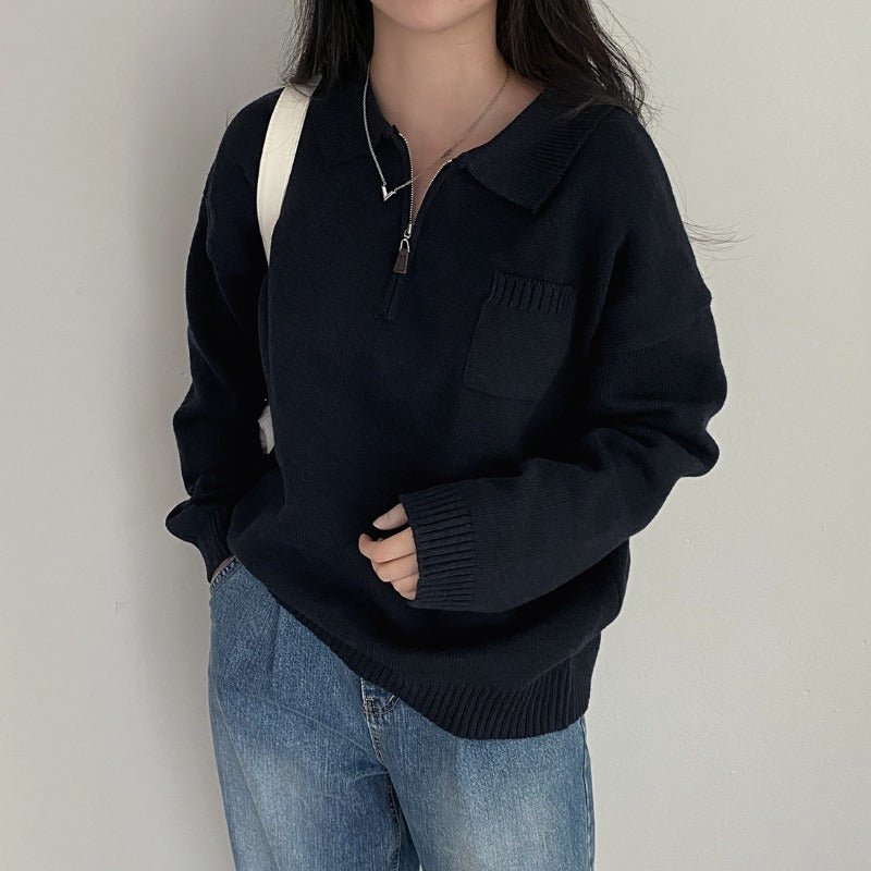 Navy half zip pullover lovelysboutique knit sweater casual women's comfortable
