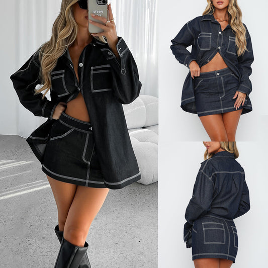 Retro Denim Two - Piece: Shirt Jacket Short Skirt | Lovelys - Black - S | lovelys