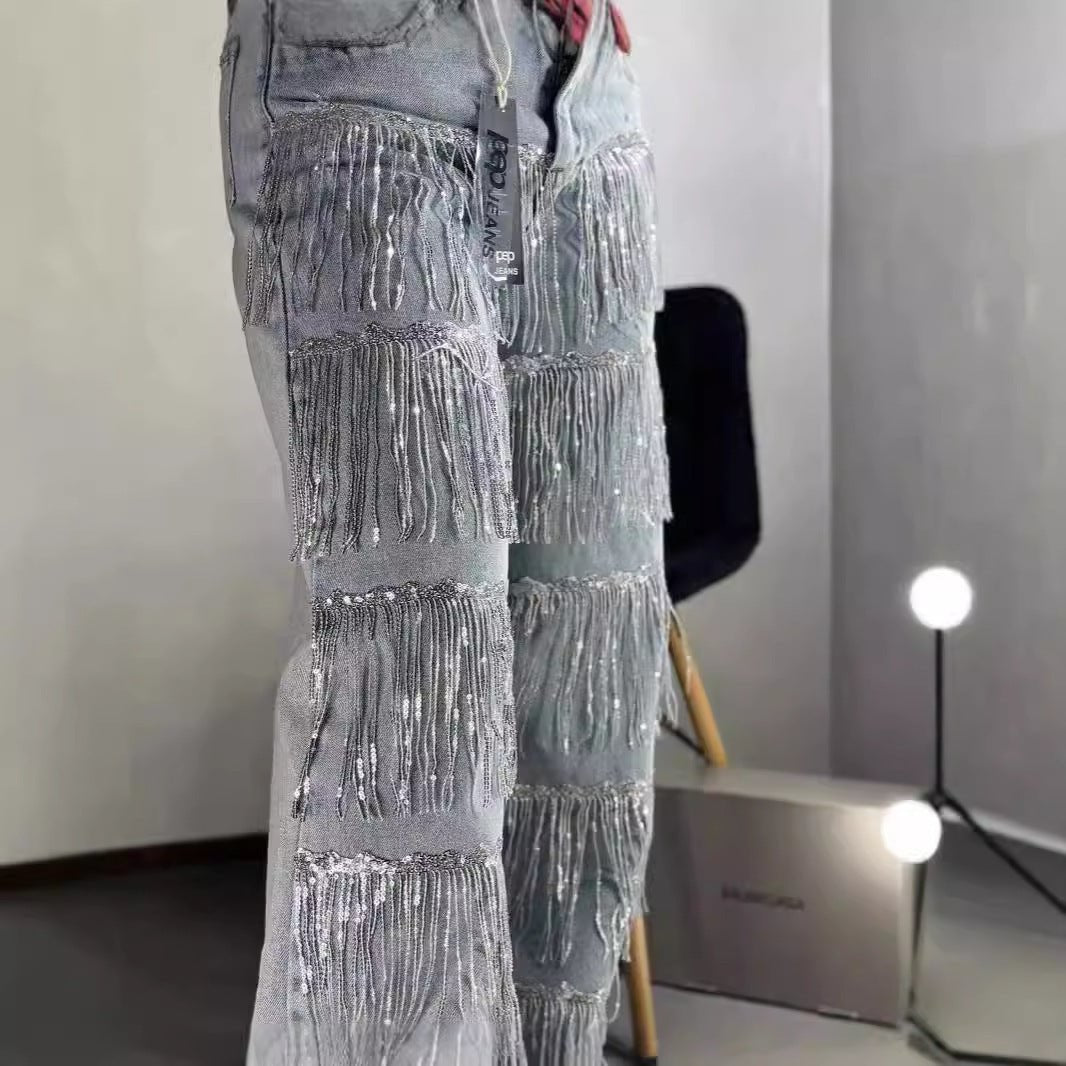Straight Jeans: Sequined Tassel Design | Lovelys - Light Blue - S | lovelys